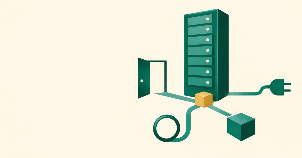 An integrated computer rack connected to doorway, power, network and workload symbols.
