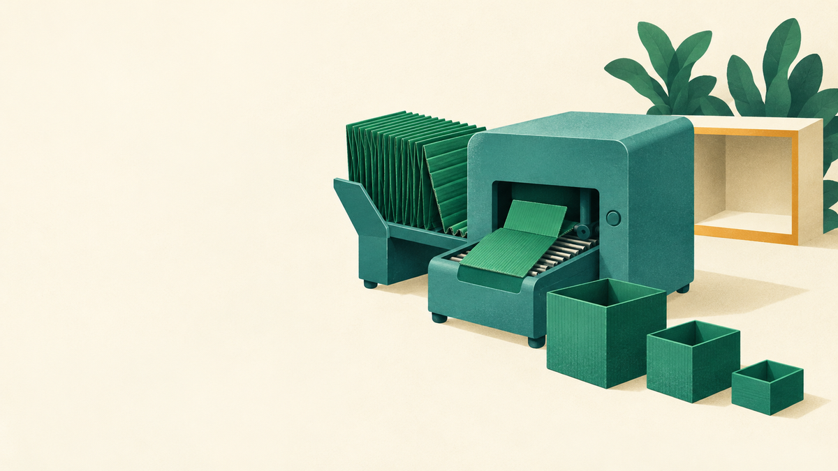 A small machine turns folded corrugated material into three box sizes beside an empty storage shelf.