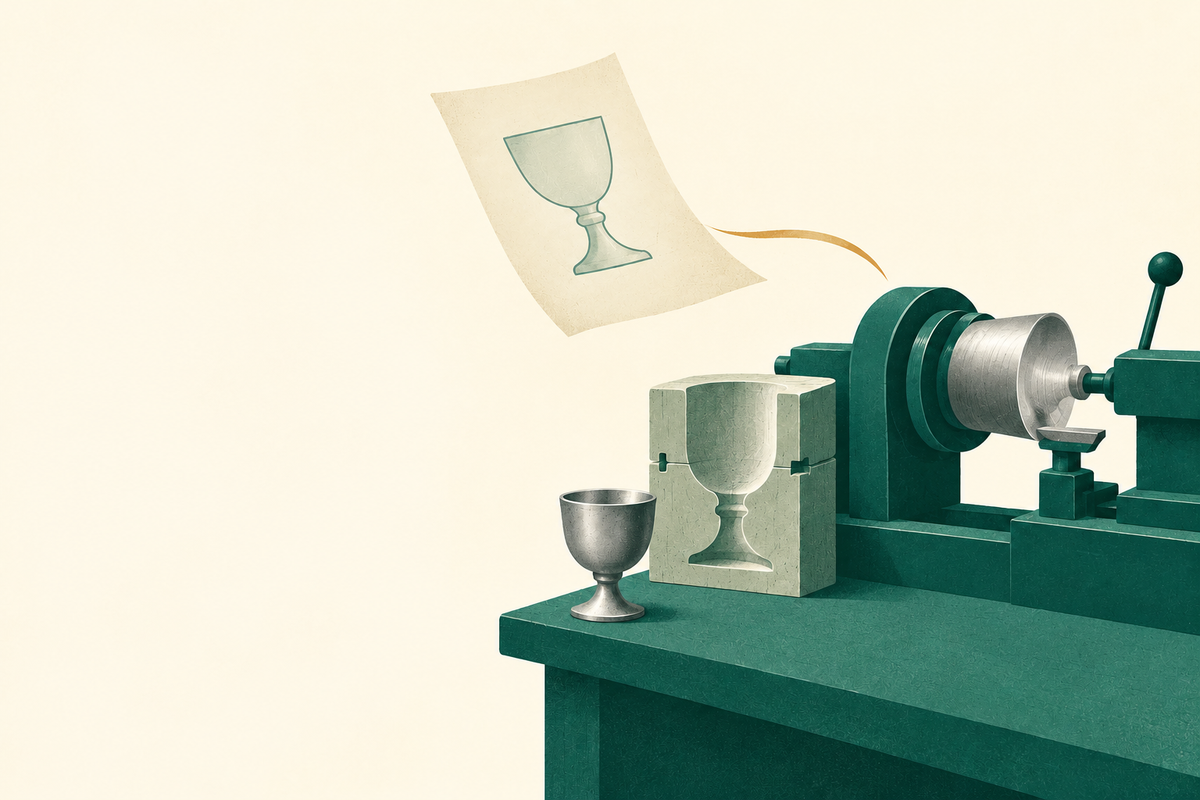 Pewter cup, mold and workshop tools represent the productive investment behind acquiring a craft product line.