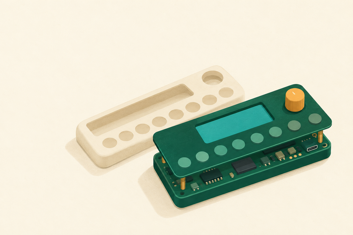 A small exposed-board music instrument with components sheltered beneath its display.