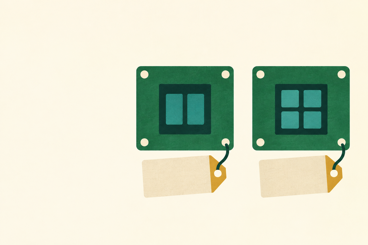 Two abstract computer boards with different core patterns inside single processor squares and blank tags.