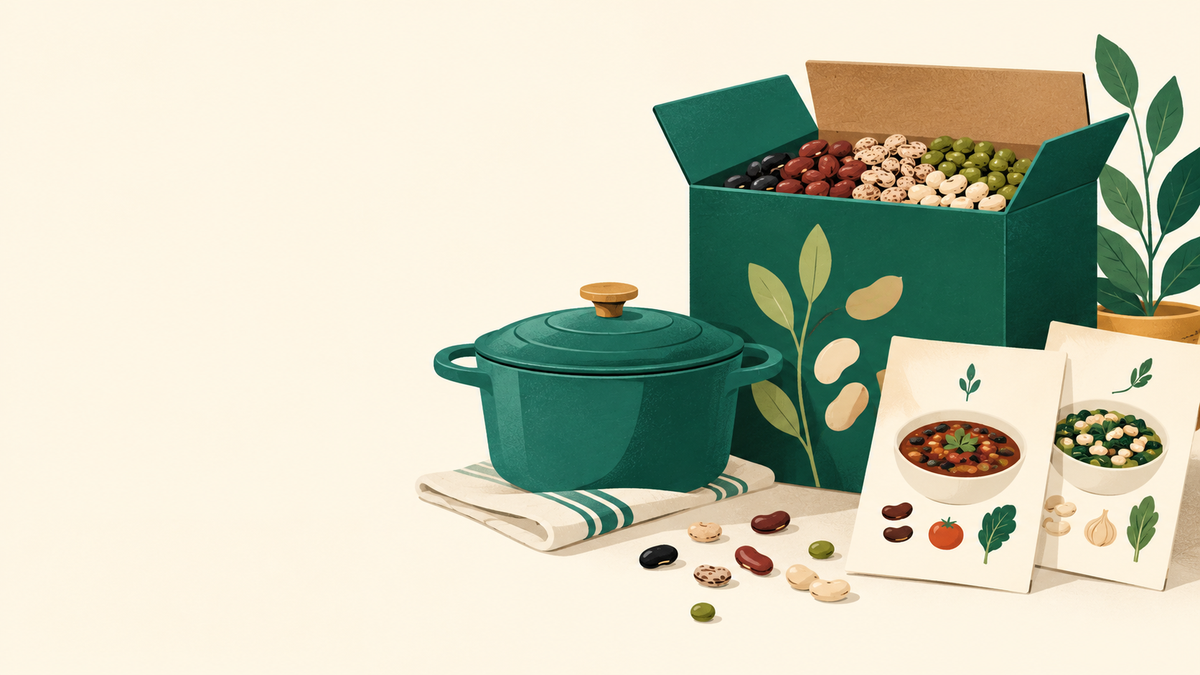 Conceptual bean box with a cooking pot and two simple recipe cards without writing.