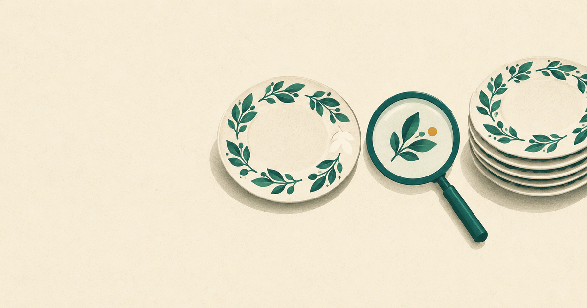 A magnifying glass matching two plates, with a missing setting and a stack of available stock.