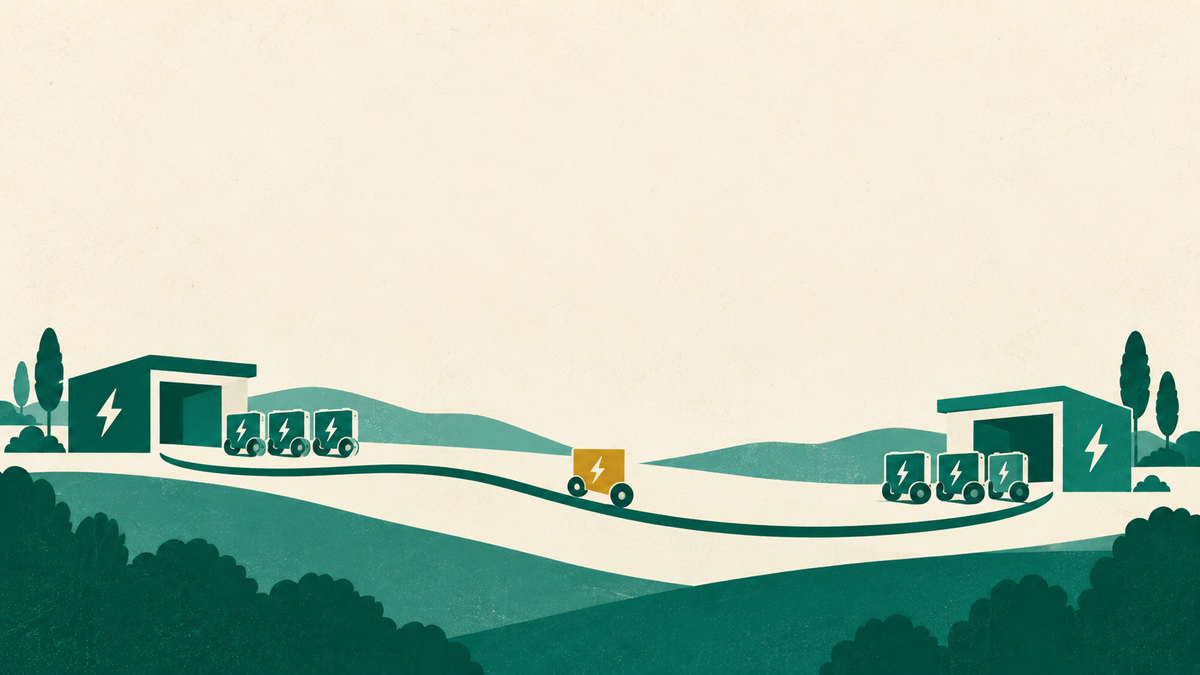 Battery-and-wheel modules waiting at two charging depots linked by a route