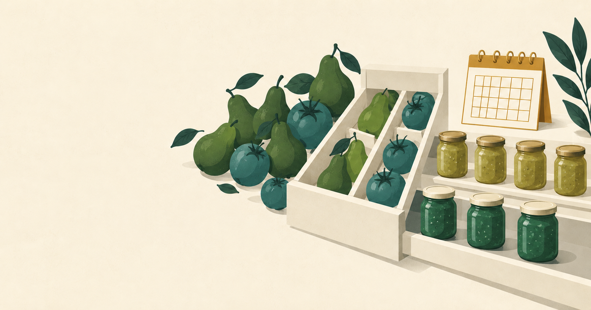 Irregular fruit sorted into a row of condiment jars beside a blank production calendar.