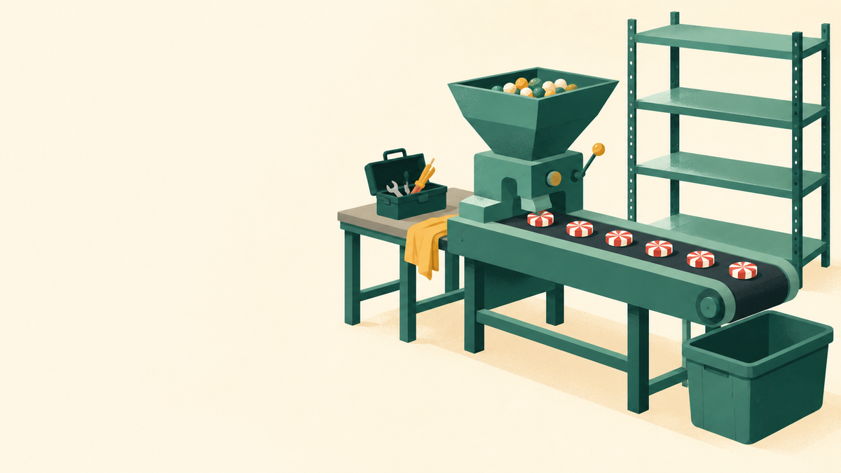 Conceptual candy production table with a small maintenance toolbox and a separate empty storage shelf.
