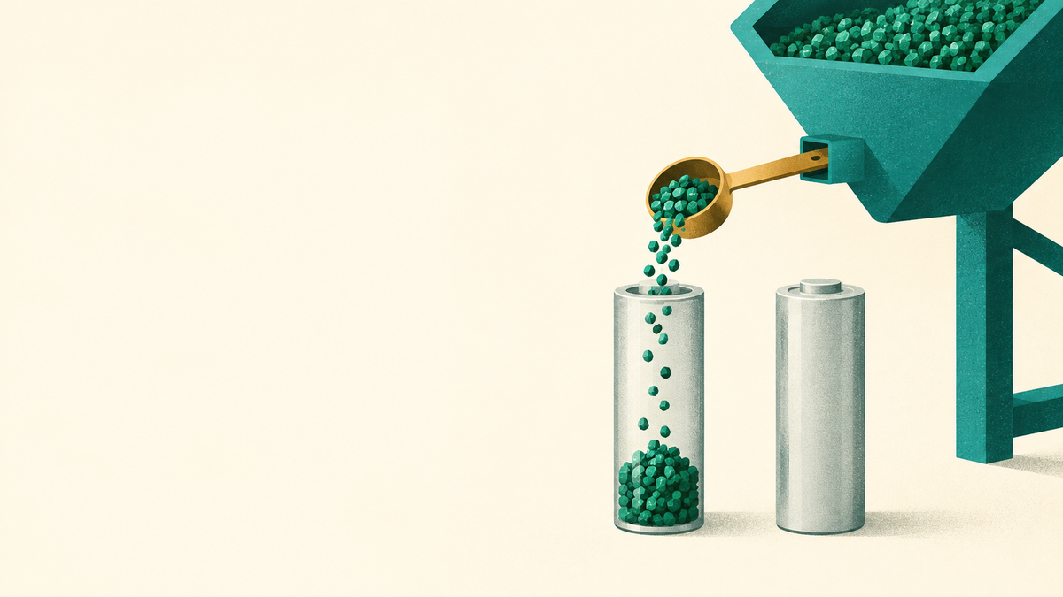 Material granules pass from a hopper through a small measuring scoop toward simplified battery-cell outlines.