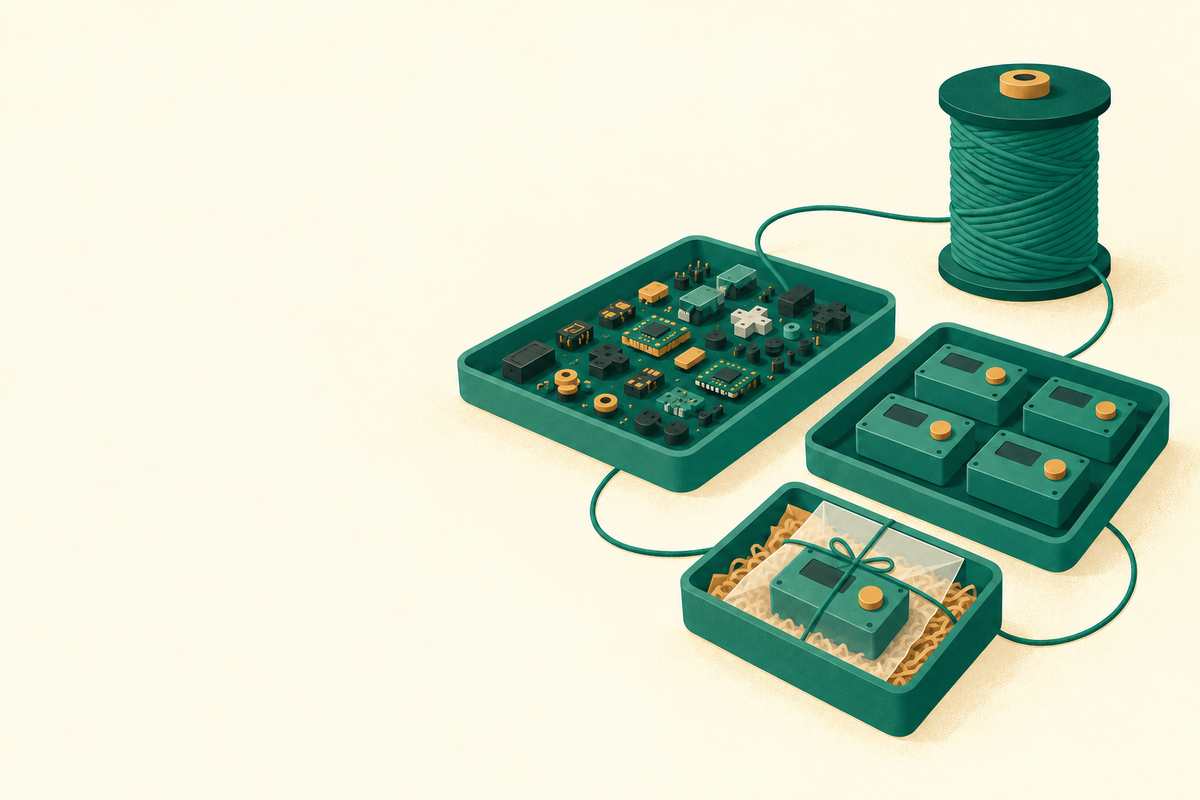 Yarn spool beside component trays and a finished controller, illustrating separate purchasing and assembly batches.