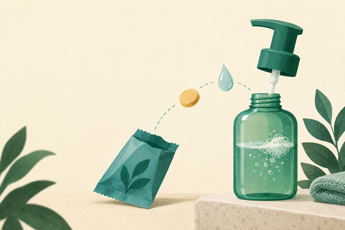 A dry soap tablet and water droplet beside an open reusable pump bottle.