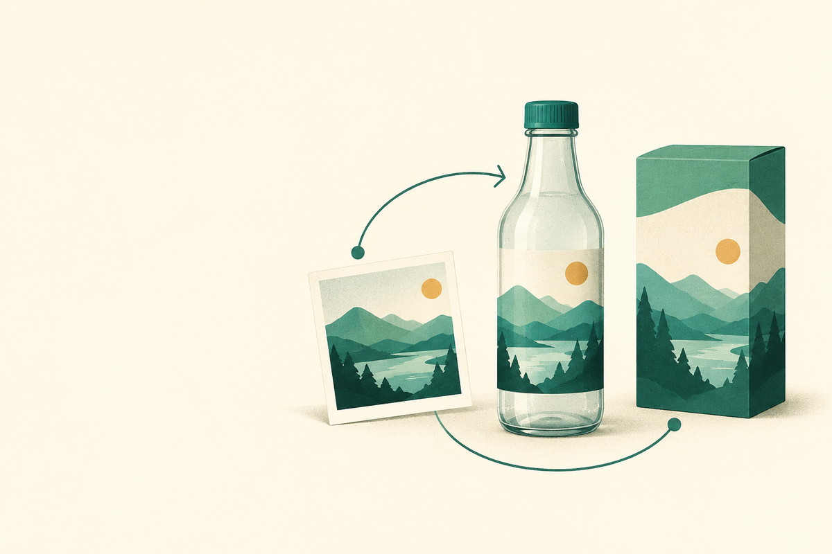 A photo card and soda bottle connected by a loop represent customer images becoming physical packaging.