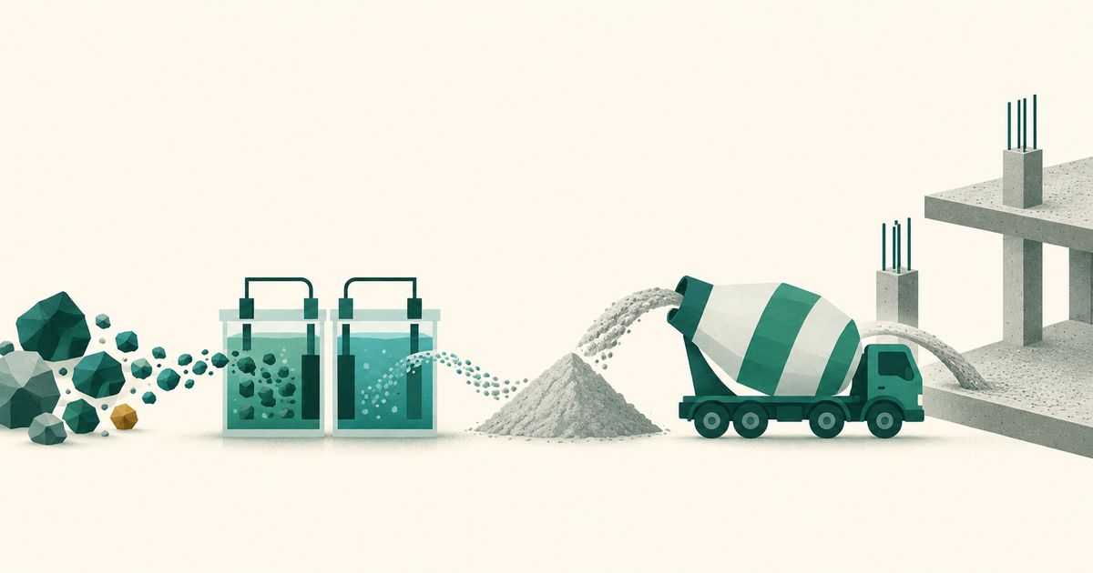 Minerals pass through electrochemical cells into cement powder, a concrete truck, and a structural slab.