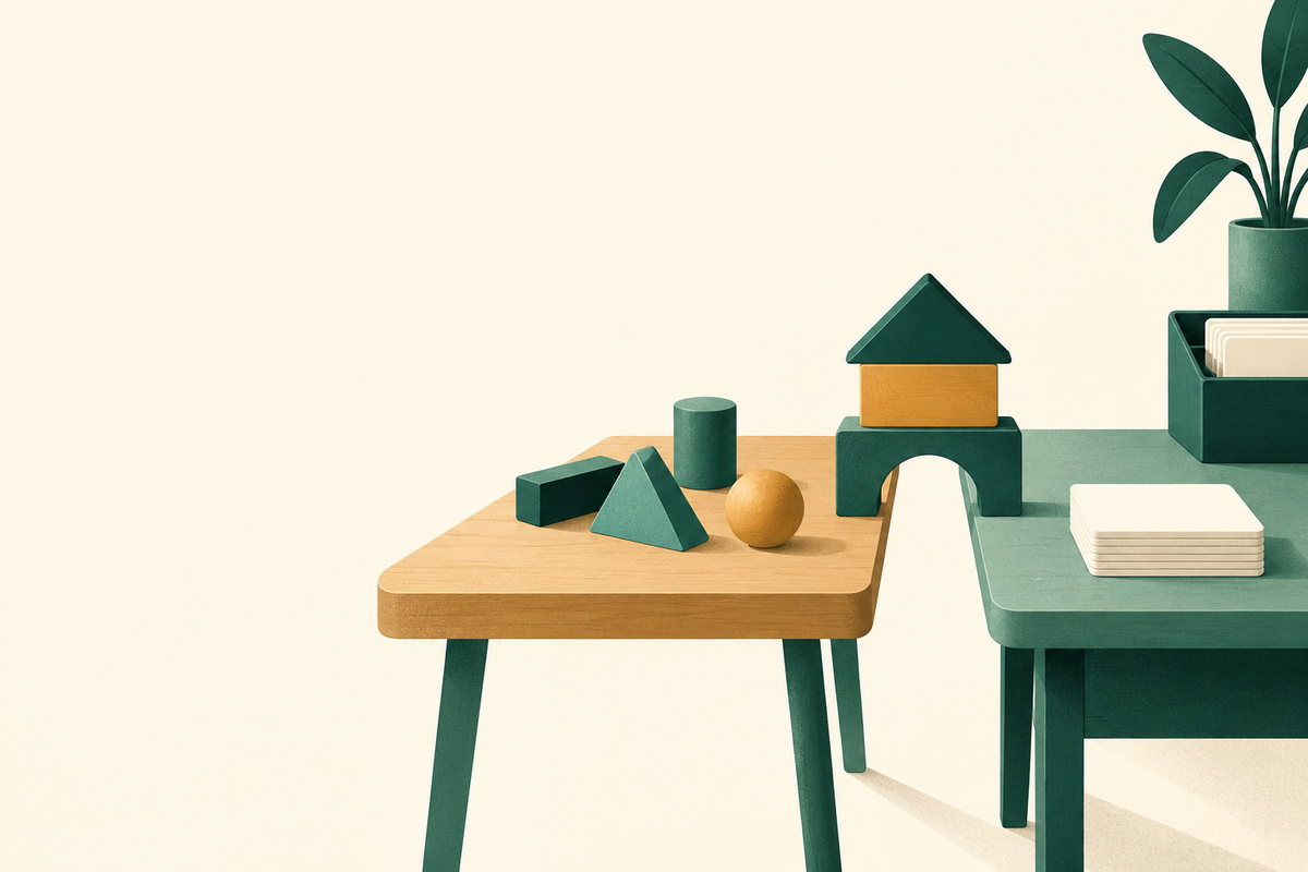 Toy blocks and blank order cards on connected work surfaces represent creative and operating responsibilities.