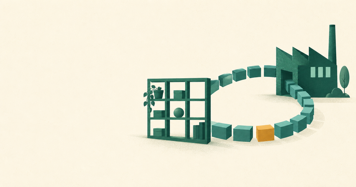 A shelving grid connected to a factory by a loop of returning blocks.